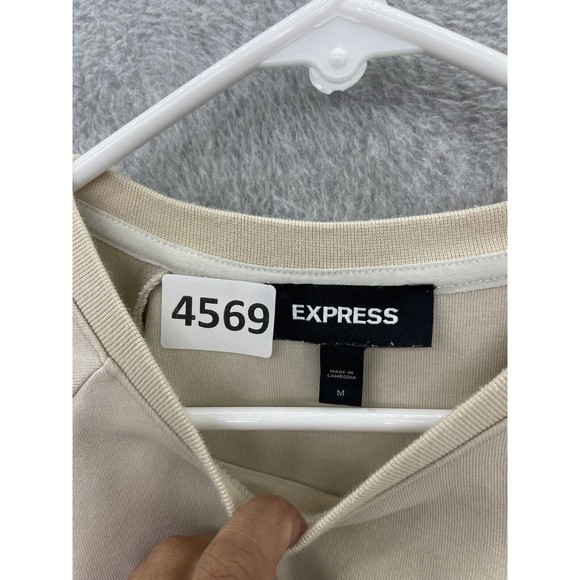 Express Men’s Sweater Crewneck Solid Beige Long Sleeve Size Medium - Picture 3 of 9